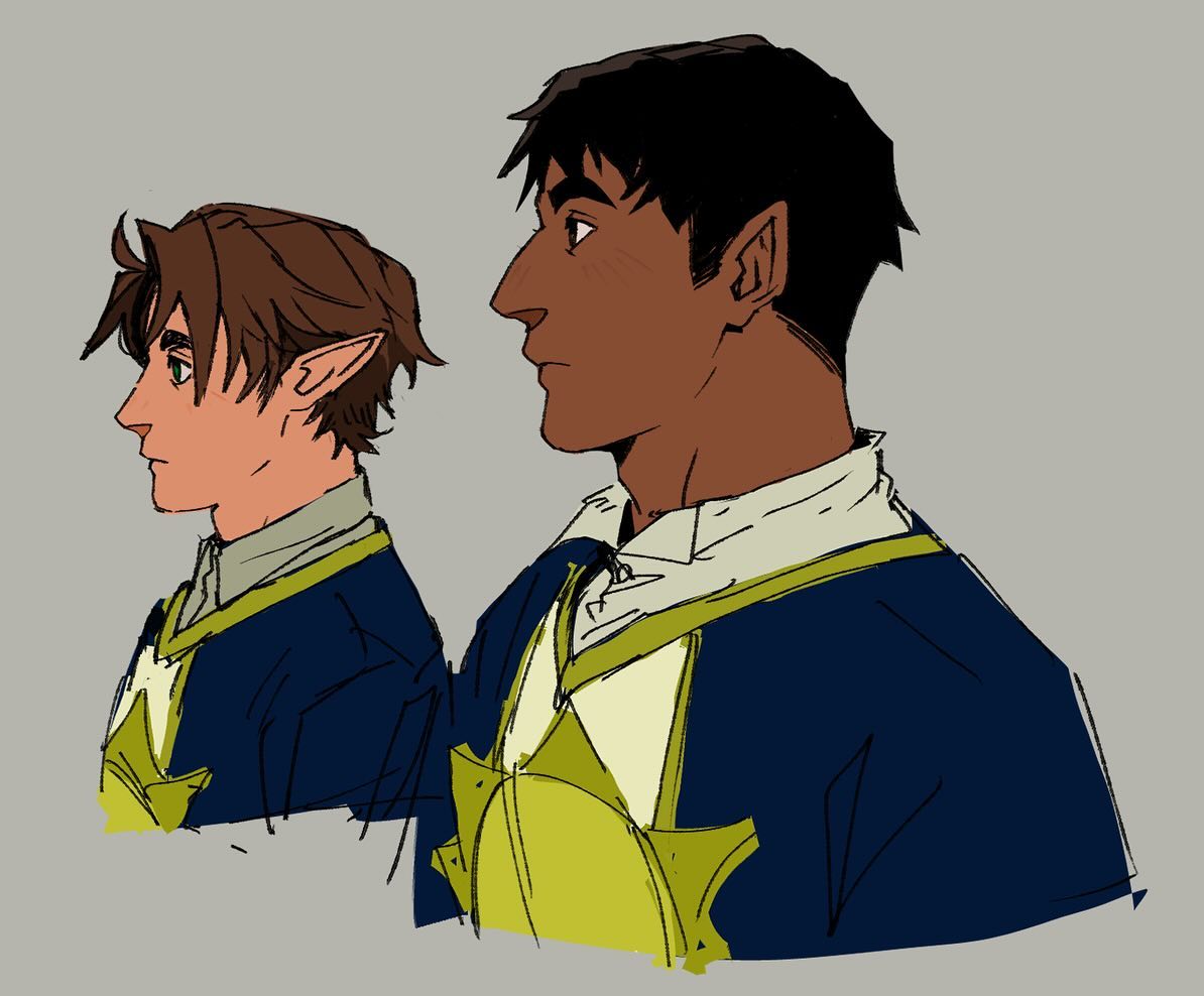the image shows a digital illustration of two male characters, possibly elves, in profile view.  the characters appear to be wearing similar, formal uniforms or robes in shades of navy blue and gold.  one character has light skin and brown hair, the other has darker skin and black hair. both have pointed ears, characteristic of fantasy elves. the style is stylized and somewhat sketchlike, with visible brush strokes and a focus on character design rather than intricate detail.  the background is a muted gray. the overall feel is suggestive of fantasy art or concept art for a game or animation.