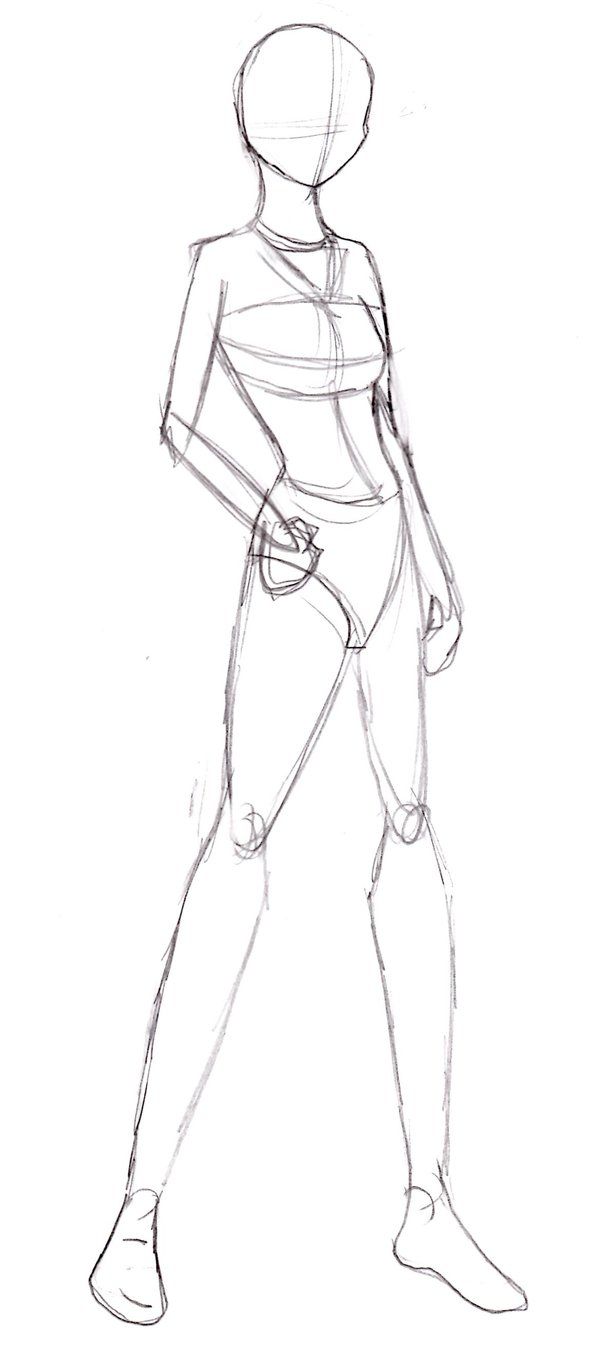 a pencil sketch of a female figure wearing a twopiece outfit, likely designed for a fashion or character design purpose. the sketch is done in a light, sketchy style, with simple lines and shapes to define the form.