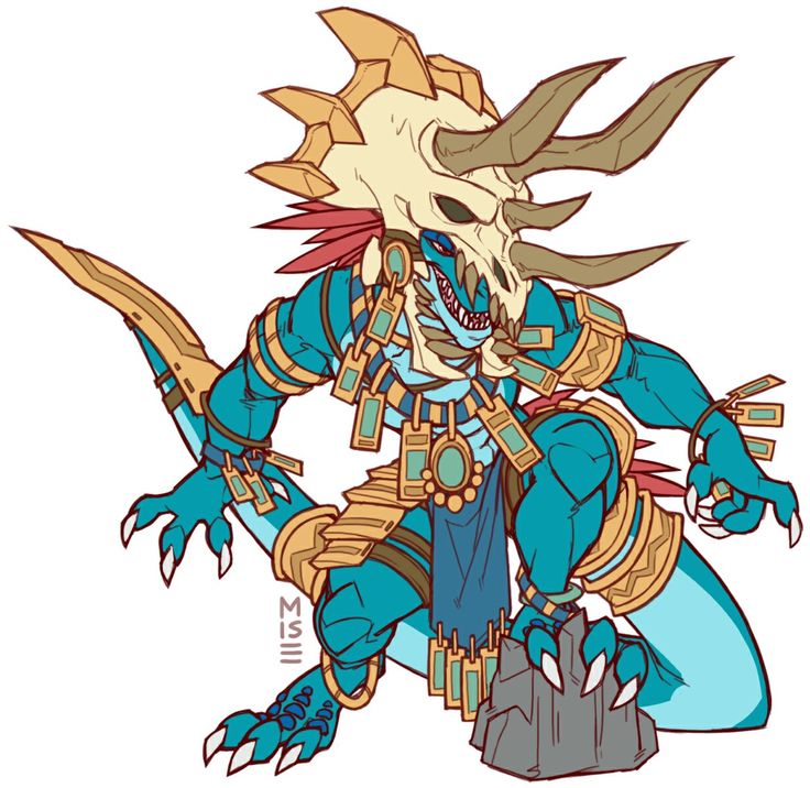 a cartoon illustration of a blue and gold dinosaurlike creature with a bonelike head. it is wearing a gold and blue triballike costume with a lot of jewelry, and is in an aggressive stance, showing its claws.