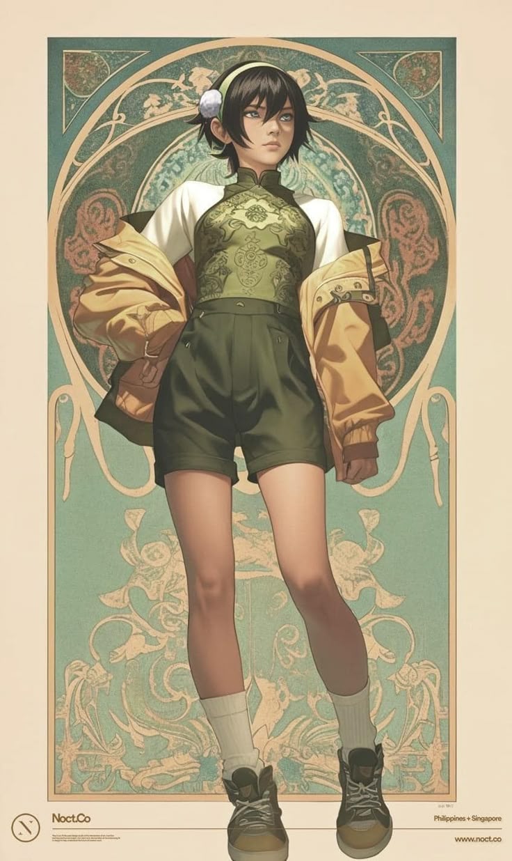 an animestyle illustration of a woman with short dark hair wearing a white headband with a white puff on the side, a shortsleeved white top under a green patterned top, green shorts, and a yellow jacket. she's wearing white socks and gray hightop sneakers. the background is a vintagestyle floral pattern in shades of green and beige. the lower left corner has a small round logo and text "noct.co." the lower right corner has text "philippines + singapore" and "www.noct.co".