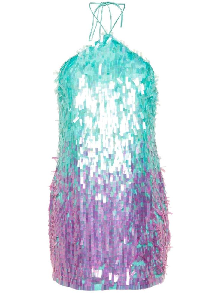 a beautiful women's halter mini dress made of iridescent sequins, with an ombre design that transitions from turquoise to purple. it's perfect for a summer party or night out.  the dress is sleeveless and has a halter neckline. it's also very sparkly and eyecatching.