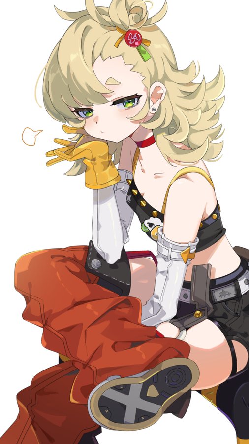 an illustration of a young anime woman with blonde hair, wearing stylish clothes and futuristic gear. she sits in a cool pose, with one leg extended in front of her. the character seems friendly and happy, with a hint of cheekiness. she is wearing a variety of clothing, including a black crop top, red pants, and white gloves. she is also wearing a gun, suggesting a futuristic and cyberpunk theme.