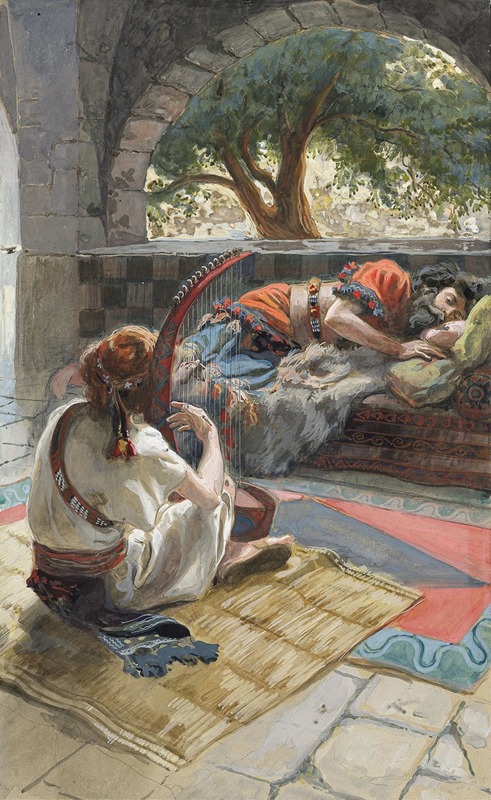 the image is a painting depicting a scene from the old testament, "david playing the harp before saul" by james tissot. a man is seated, playing a harp in an outdoor interior space that opens to a courtyard with a large tree visible through an archway. the man playing the harp is dressed in white robes with a red sash and headband. next to him is another man, presumably saul, asleep on a bed. saul is wearing a red headdress and colorful clothing. the scene is set against a backdrop of stone architecture and the details of the room, like the rug and the bed, are visible.