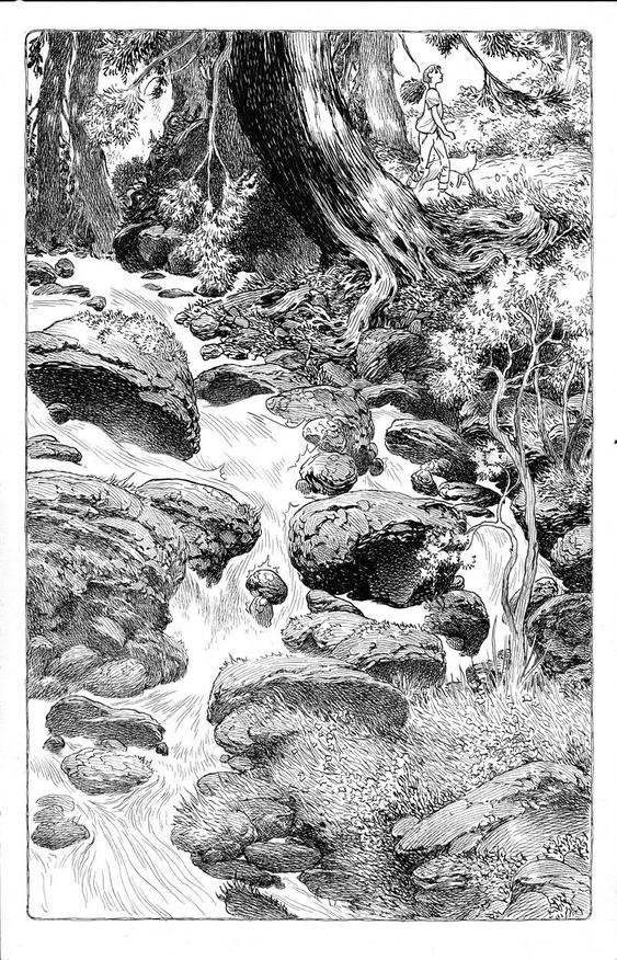 a black and white illustration of a woman standing by a rocky river in a forest. she is looking towards the right side of the image. the river flows towards the bottom left of the image. large, detailed trees flank the river bank. the lighting suggests it is daytime.
