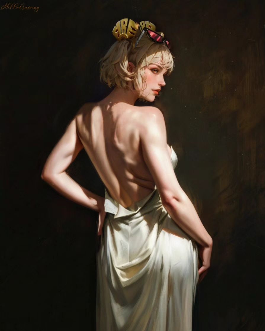 a painting of a woman standing with her back to the viewer, wearing a white dress and blonde hair. she is looking away from the viewer, and her face is only partially visible. the painting is done in a digital style.