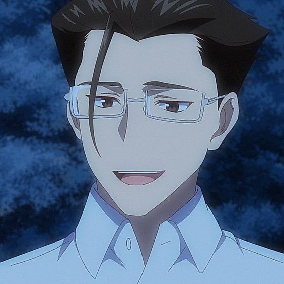 a night time closeup portrait of an anime man with short black hair. he's wearing rimless rectangle glasses and has a small but genuine smile on his face. his collared shirt blends in with the light background. the lighting is soft and diffused, creating a calm and pleasant atmosphere.