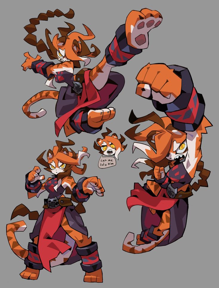 the image showcases a dynamic character design of an anthropomorphic female tiger in multiple action poses. the tiger character has orange fur, red clothing, and dark accents.  the style is cartoonish and stylized, reminiscent of animation or video game concept art.  the poses depict her in various fighting stances, emphasizing her strength and agility. a speech bubble on one of the poses shows the character's personality.  the overall feel is energetic and fierce.