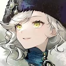 a portrait of an animestyle woman with blonde hair and yellow eyes, wearing a decorative hat and jewelry.