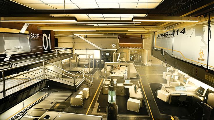 the image shows a futuristic laboratory, featuring a spacious and sterile environment with a clean and minimalist aesthetic. it is filled with hightech equipment, control panels, and computer screens, all bathed in the cool, bright light of fluorescent lamps. the large windows offer a glimpse into other sections of the facility, while the metal stairs and railings add a sense of industrial scale. the overall atmosphere is one of advanced technology and controlled precision, creating a mysterious and intriguing setting.