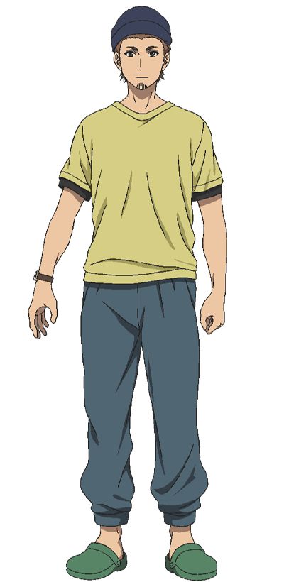 this is an anime character that is a man with short brown hair and a goatee beard. he's wearing a navy blue beanie, a light yellow tshirt, blue pants, and green slippers. he's standing with his hands at his sides.  he has a watch on his left wrist.