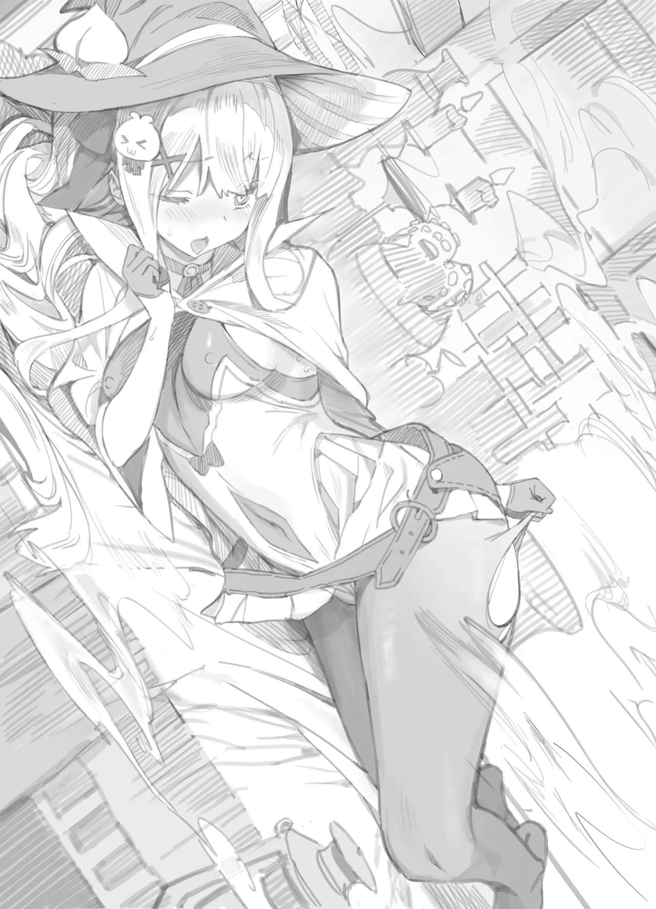 the image is a grayscale animestyle drawing of a young woman, possibly a witch, lying down. she has long, lightcolored hair, a large witch's hat adorned with small, cartoonish decorations, and is wearing a white, loosefitting dress that partially reveals her cleavage.  underneath, she seems to have on black pants or stockings. her pose is suggestive, with one hand near her chest and the other near her lower body, adjusting her clothing. the background is roughly sketched, showing what looks like a stone or brick structure. the overall style is loose and sketchy, lacking sharp lines and details, contributing to a somewhat dreamy and suggestive atmosphere.