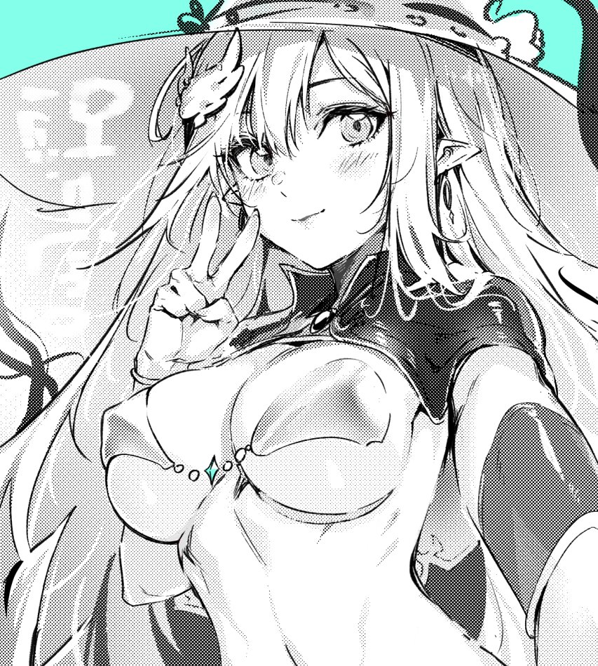 an animestyle drawing of a girl with long hair and elf ears wearing a hat and making a peace sign. she is also wearing a top that reveals her cleavage. the drawing is in black and white and has a mangalike aesthetic.