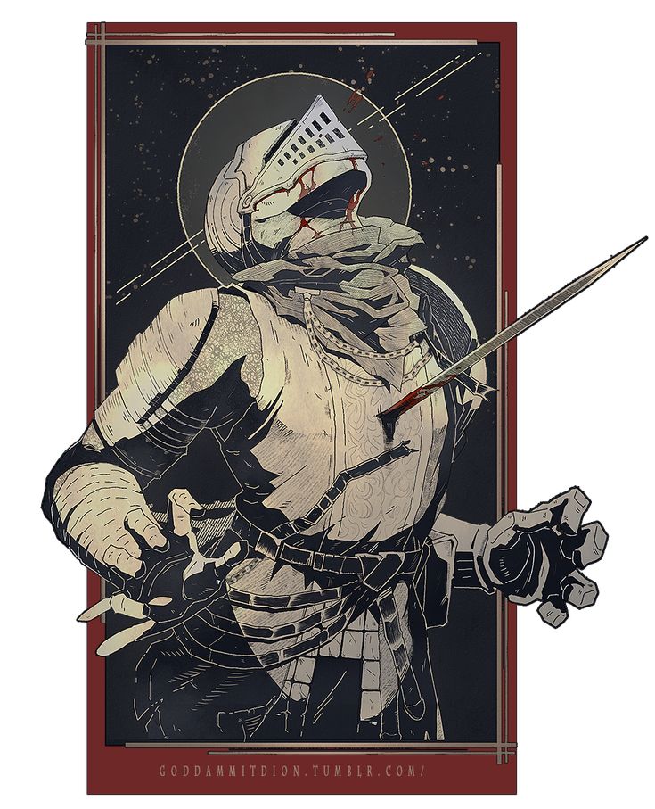 the image is a stylized illustration reminiscent of a vintage poster or tarot card.  it depicts a fallen knight from the dark souls video game series.  the knight is shown from the waist up, wearing detailed armor with a blood stain across his chest and face. a sword pierces his body, and his hand grips another weapon. his posture suggests defeat or death. the background is dark and atmospheric, featuring a halolike circle behind the knight's head and streaks reminiscent of space or starlight.  the overall color palette is dark, using grayscale tones with sepialike accents. the style is highly detailed and blends elements of vintage poster art with the grim fantasy aesthetic of the dark souls game.  a watermark with the artist's tumblr name appears at the bottom.