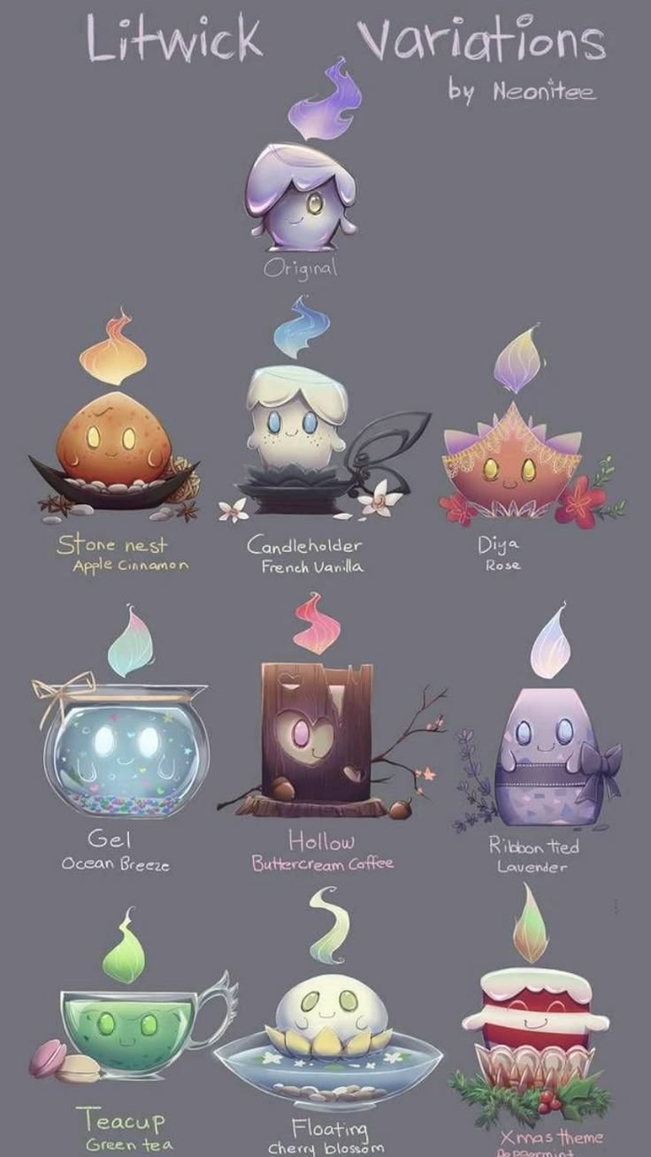 the image is a fan art illustration showcasing various themed variations of the pokémon litwick. each litwick is redesigned to resemble a different object or concept, accompanied by its name and the artist's name, "neonitee." the variations include: the original litwick, a stone nest litwick (apple cinnamon), a candleholder litwick (french vanilla), a diya litwick (rose), a gel litwick (ocean breeze), a hollow litwick (buttercream coffee), a ribbontied litwick (lavender), a teacup litwick (green tea), a floating litwick (cherry blossom), and an xmas theme litwick (peppermint). each version exhibits unique colors, details, and elements representative of its theme.