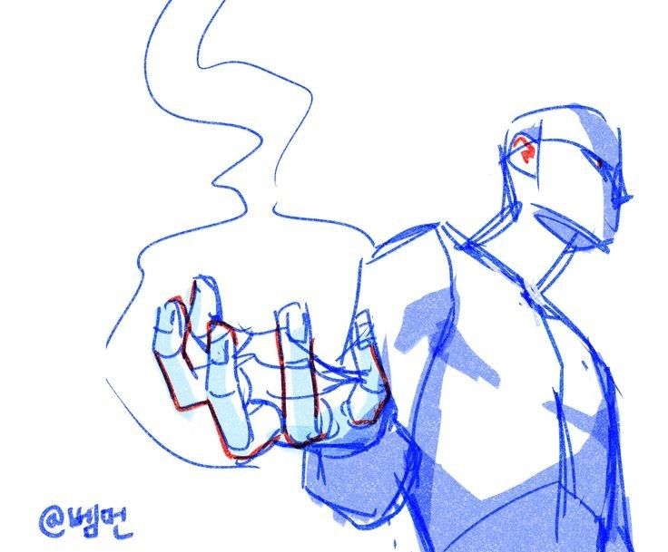 a sketch of a hand reaching out with a blue outline and blue and red shading on the hand and some blue shading on the arm.  the background is white with a blue outline representing an object or a character in the background.  the artist signature is in the lower left corner in blue ink.