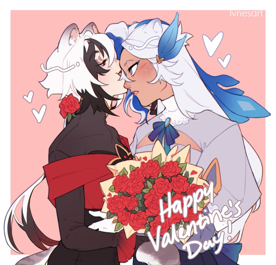 the image is a digital drawing of two anime girls in a romantic embrace. one girl has white and black hair with catlike ears, while the other has long white and blue hair with birdlike features. they are holding a bouquet of red roses and are positioned in a way that suggests a close relationship. the background is a light pink color and the text “happy valentine’s day!” is written in a stylized font. the overall style of the art is soft, cute, and romantic.