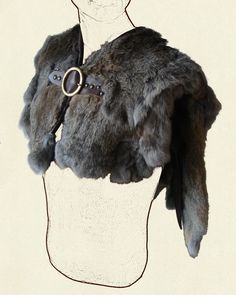 the image is of a fur cape that is secured with a leather strap and a buckle. the cape is draped over a mannequin or a person sketched in outline, and it appears to be part of a medieval or fantasythemed costume.