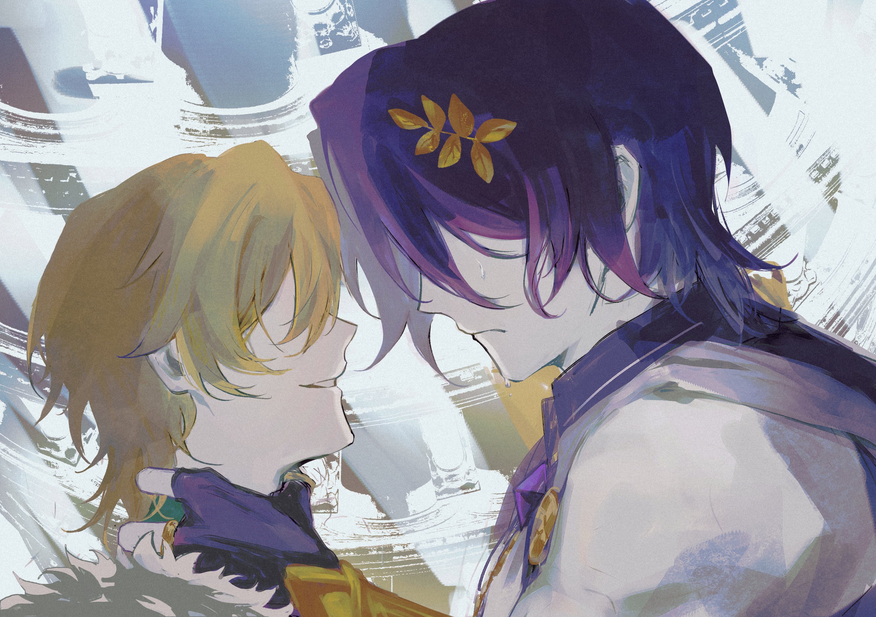 this is a digital illustration featuring two anime boys. the boy on the right has purple hair and wears a white and purple outfit. the boy on the left has blonde hair and wears a purple and yellow outfit. they are looking at each other with affection. the artwork has a romantic theme and portrays a strong bond between the two characters. the background is a blurry mix of white and grey with brushstrokes.  the image appears to be a romantic illustration between two close friends.