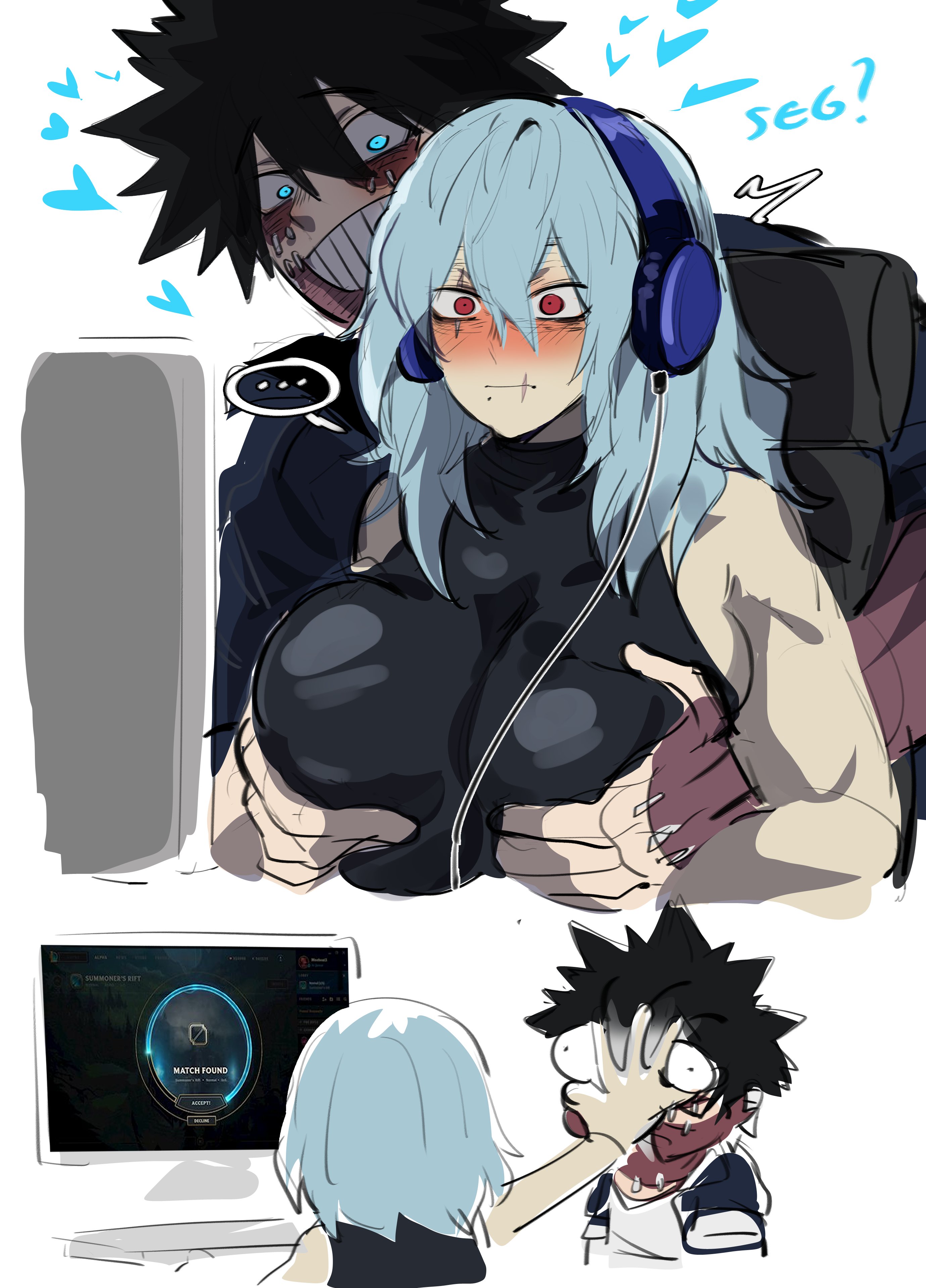 the image is a cartoon drawing of a couple. the woman, with blue hair and wearing headphones, is being hugged from behind by the man. the man has black hair and a black and red jacket. the woman is smiling and blushing. in the background, a computer screen is visible with a game on it. the man is reaching forward towards the screen, as if he is about to play. in the foreground, a third character, a boy with blonde hair and a white shirt, is looking up at the couple with a surprised expression. the image is lighthearted and playful, suggesting a fun and loving relationship between the couple. the image is drawn in a digital style with a bright and colorful color palette.
