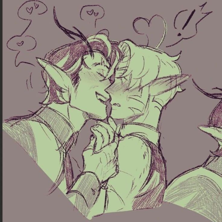 a sketchstyle illustration depicts two elves kissing while holding hands. one elf has dark hair, horns, and is smiling, while the other has lighter hair and a surprised expression above their head. the scene exudes a romantic and fantastical atmosphere.