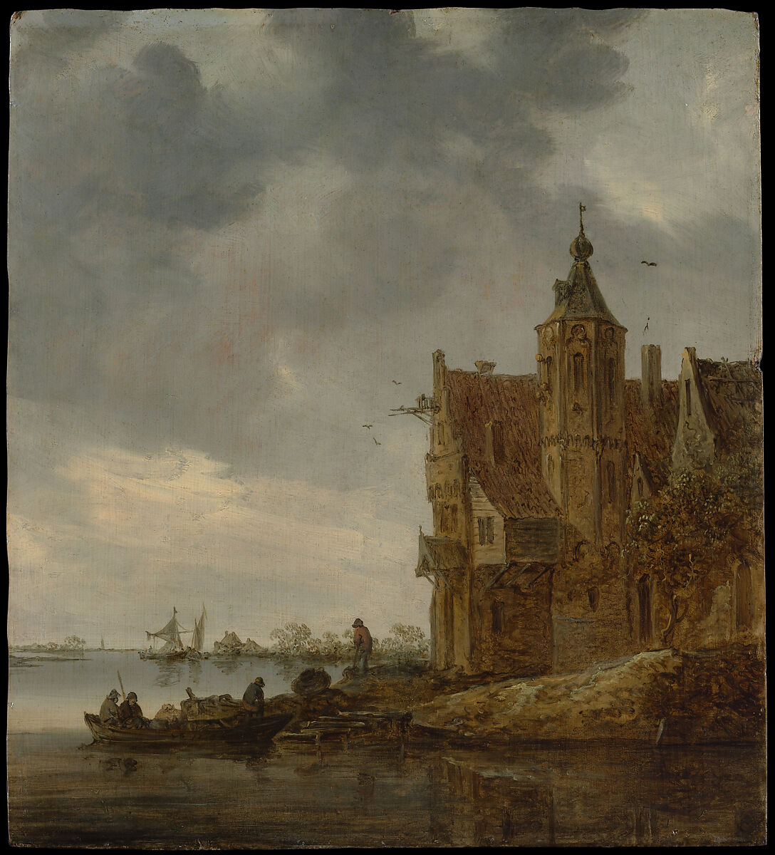 the painting depicts a landscape with a body of water on the left and a large stone building with a turret on the right. the building has a red tile roof and is situated along the shoreline. a boat with figures is in the water, and there are trees and other vegetation around the building. the sky is overcast with clouds. in the distance, there are sailing boats, possibly on a harbor. the scene has a serene, perhaps slightly melancholic, atmosphere.