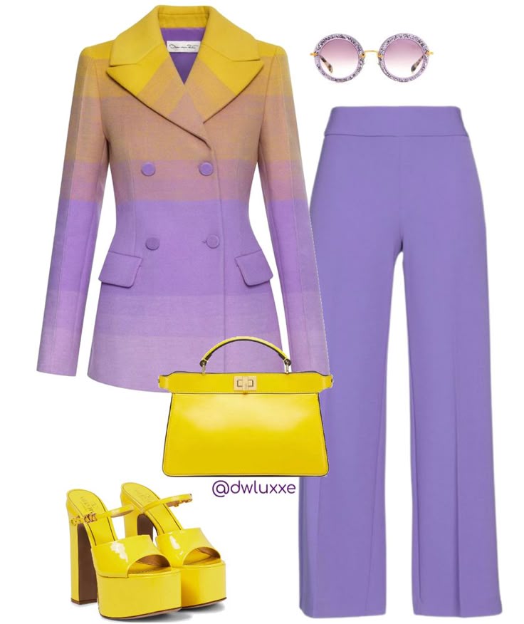 the image showcases a coordinated women's fashion ensemble. it includes a gradient blazer transitioning from yellow to purple, paired with purple pants. the outfit is accessorized with yellow platform heels, a yellow purse, and round sunglasses.