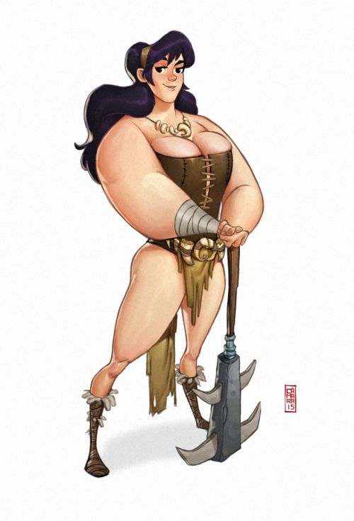 a stylized cartoon drawing of a female warrior. she is wearing a brown leather corset, a belt with shells and tassels, and fur boots. she is holding a large axe with three blades. she has dark hair with a gold headband and a shell necklace.