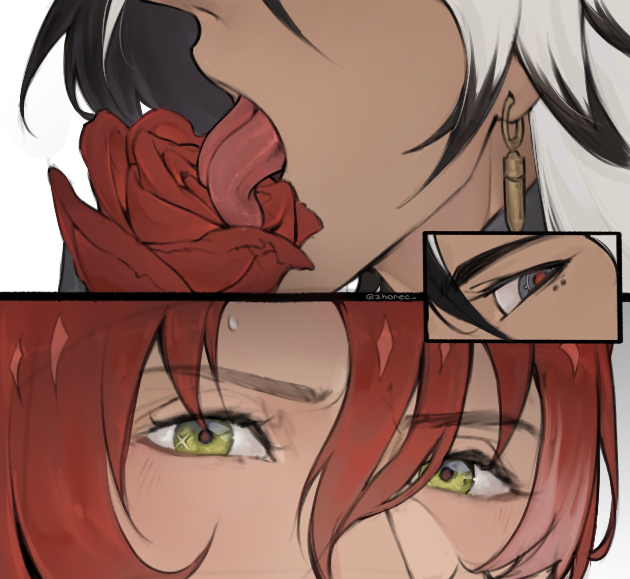 the image is a digital artwork depicting a closeup of two male characters engaged in an intimate moment. the top portion shows a man with white hair partially obscured, his tongue licking a red rose held near his lips.  the bottom portion shows a second man with vibrant red hair. his face is visible, and his eyes are clearly shown,  providing a contrast to the more obscured character above. the style is reminiscent of anime or manga, featuring stylized features and coloring. there is a smaller inset image showing a closeup of one of the character's eyes (likely the top character), suggesting a focus on the visual details and expressions.  the overall mood is sensual and romantic.