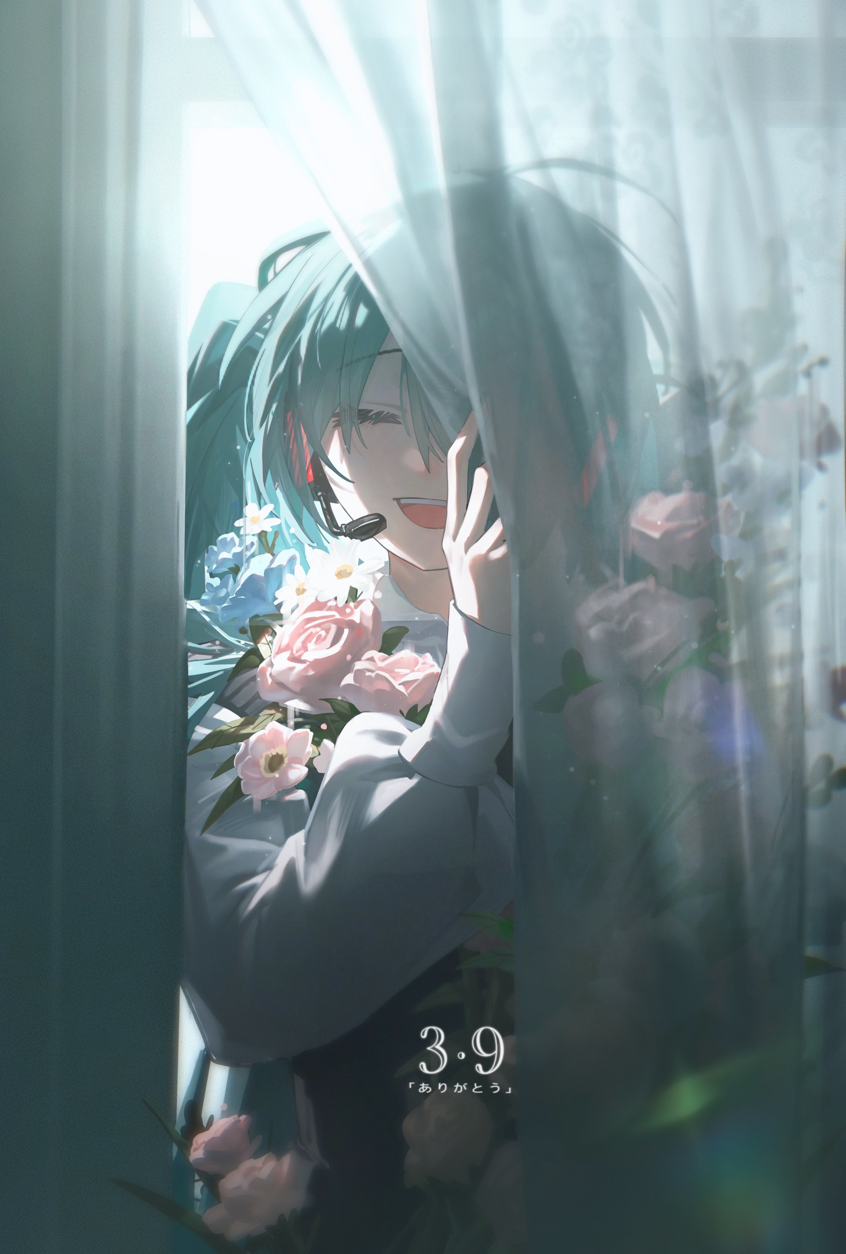 the image features hatsune miku, an anime girl with long blue hair, standing behind a curtain. she is holding a bouquet of pink roses and other flowers. she is smiling and wearing a headset. the background suggests a window with bright light coming through. at the bottom of the image, there's the text "3.9" and "arigato", which means "thank you" in japanese.
