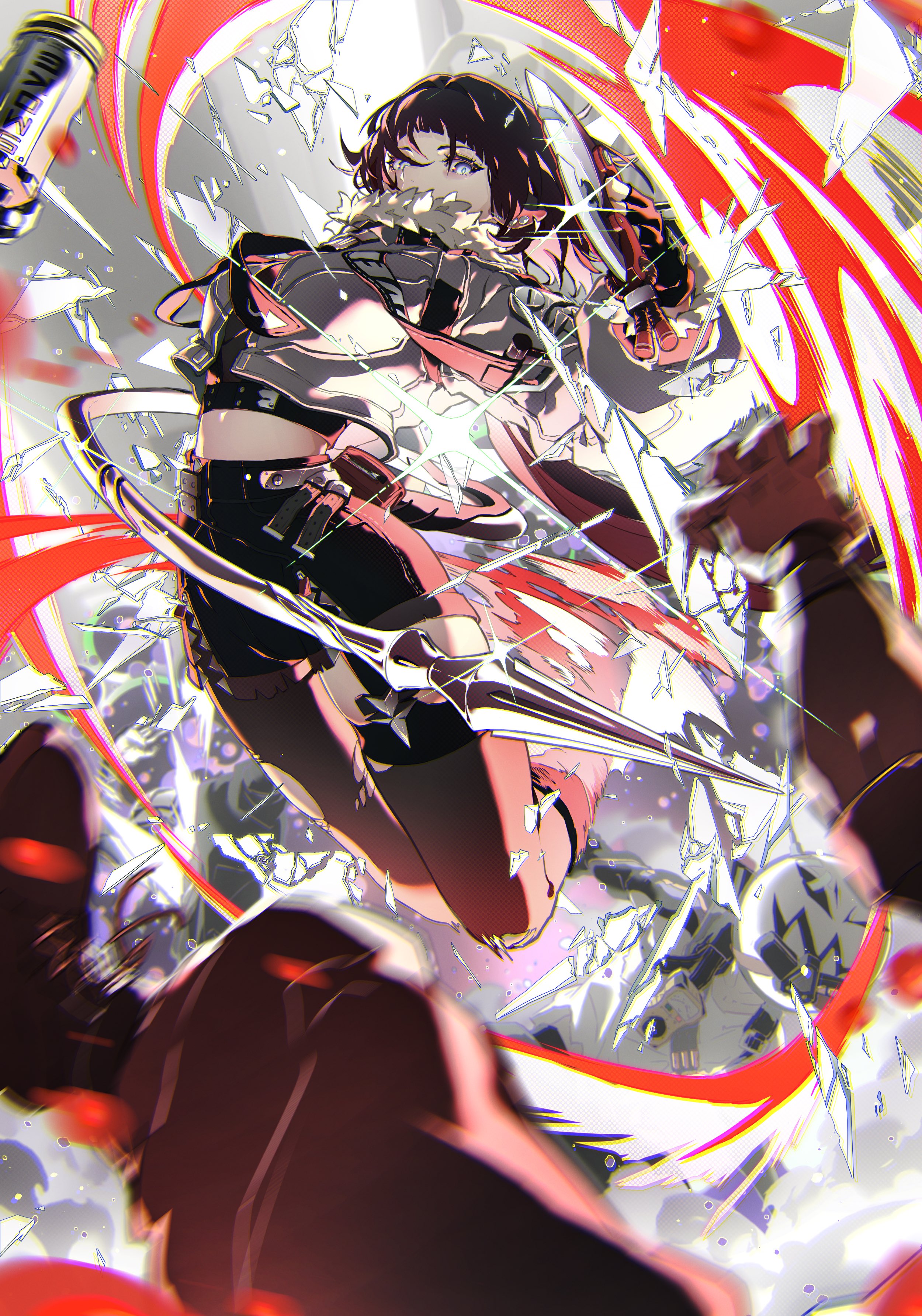the image is an animestyle illustration of a female character, likely from the game arknights, in a dynamic action pose. she has short hair and is wearing a crop top and shorts. she is wielding a weapon, possibly a spear or blade, and is surrounded by broken glass and swirling red energy. the background features other characters or enemies. the overall style is reminiscent of manga and anime, with sharp lines and vivid colors.