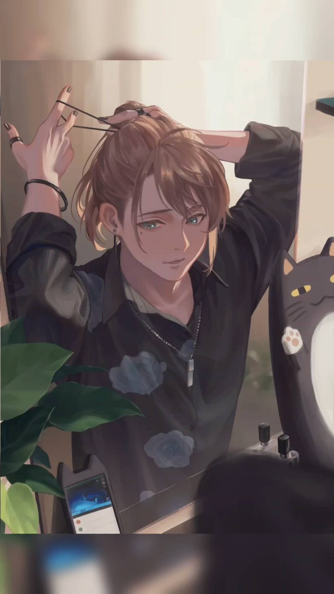 the image showcases a young man, likely in his late teens or early twenties, styled in an anime art style. he has brown hair, styled in a halfup ponytail which he is in the process of tying with his hands, and striking green eyes. he's dressed in a relaxed manner, wearing a black collared shirt adorned with a blue cloud pattern.  he is positioned in a welllit room, likely his own, with the soft, warm glow suggesting natural light filtering in. he stands at his desk, partially obscured by a leafy green plant, adding a touch of life to the scene. a black cat figurine with yellow eyes sits on the desk, hinting at his interests and adding a playful element to his personality. the overall composition is inviting and creates a sense of calm and everyday life.