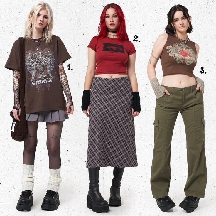he image showcases three different grungeinspired outfits.  the first outfit features a brown graphic tshirt with a pleated gray skirt, fishnet stockings, and chunky black boots. the second outfit includes a red cropped top, a gray and maroon plaid aline skirt, fingerless gloves, and black chunky boots.  the third outfit consists of a brown cropped tank top, olive green cargo pants, and black chunky boots. each model is posed against a simple, light gray backdrop. the outfits are numbered for easy reference.