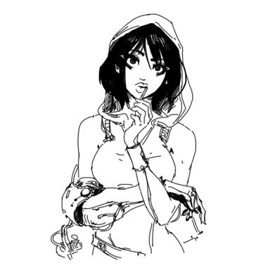 the image is a black and white line drawing of a young woman. she appears to be of anime or manga style, with large expressive eyes and dark hair partially hidden by a hooded garment. her pose is thoughtful, with one hand resting near her mouth, suggesting contemplation or introspection.  the style is loose and sketchy, with visible strokes and lines giving it a dynamic feel.  her clothing suggests elements of cyberpunk or futuristic fashion, with details resembling technological accessories or attachments. the overall aesthetic is stylish and intriguing.