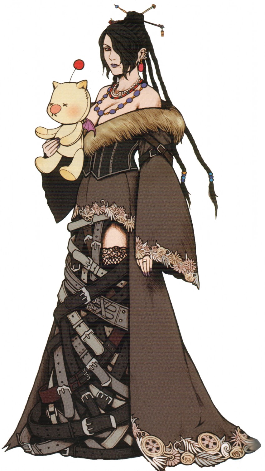 lulu from final fantasy x in her classic outfit, clutching a stuffed moogle toy.