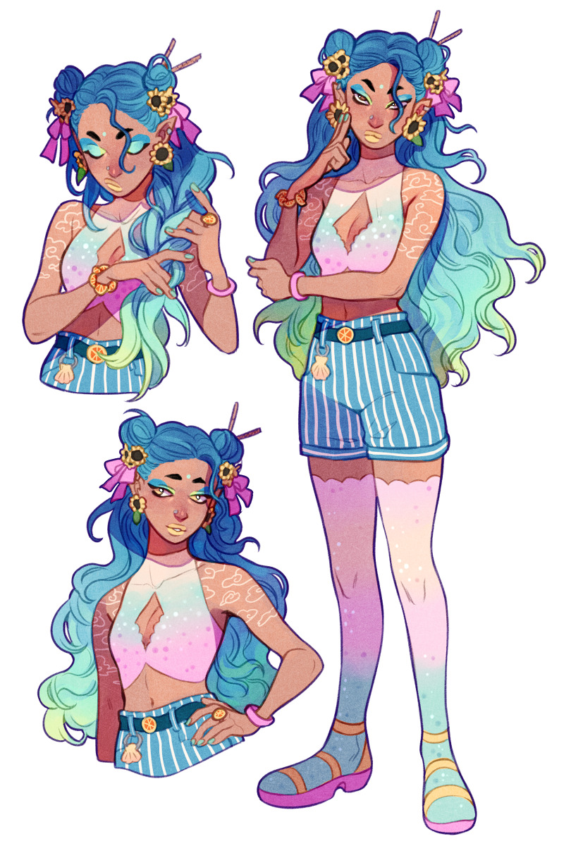the image showcases three different poses of the same original character. she is a young woman with blue hair styled with sunflower hair clips, a pink and yellow gradient top, blue and white striped shorts, and platform sandals. the character has brown skin and is adorned with jewelry. the background is a clean white, and the art style is reminiscent of digital illustration.