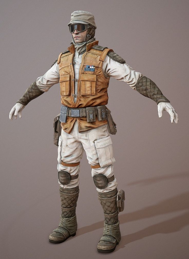 a rebel alliance soldier stands in a fighting stance with a blaster on his hip. he is wearing a white jumpsuit and a brown vest. he has a helmet on with goggles and knee pads, and is wearing brown boots.  he's ready for battle!