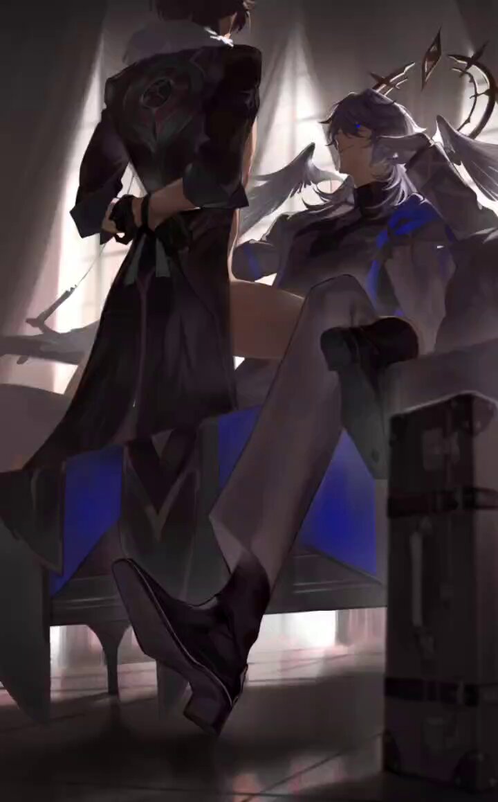 the image shows two anime male characters. the character standing is wearing a long black costume with black footwear and has dark hair. he's standing with his left leg bent and right leg straight.  he's looking at the other character who is sitting in front of him, resting his right arm on a wooden chair with his legs crossed. the character sitting is wearing white and blue costume, having white long hair and has wings on his back.  the room is dark, has wooden chairs and a suitcase on the side.