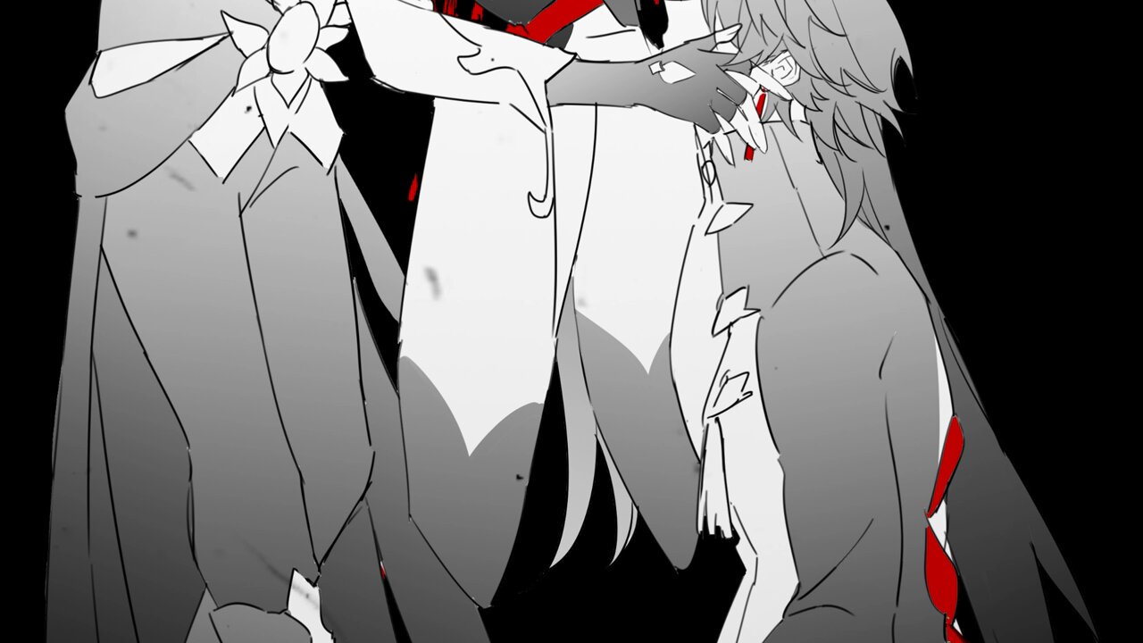 the image shows three anime characters in a dark setting. they are all dressed in black and white clothing, with blood splattered on them in red. the character in the middle appears to be injured and is being held by the character on the left. the character on the right is looking down, possibly in sorrow. the image suggests a tragic event has occurred and the characters are dealing with the aftermath. the use of black and white with a splash of red highlights the seriousness and emotional weight of the scene.