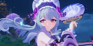the image shows a character named charlotte from genshin impact. she is an anime girl with purple eyes, blue hair, and elf ears. she wears a hat, dress, and is holding a fan. she is a video game character.