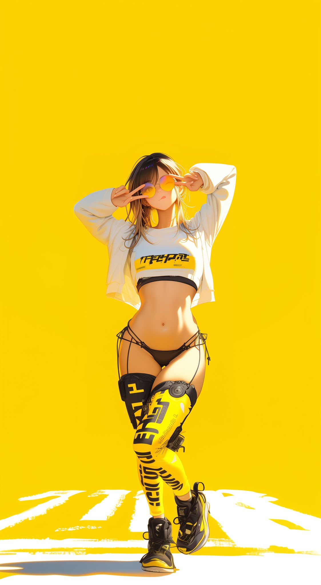 a female anime character with long black hair and yellow and black clothing, wearing sunglasses, stands in a peace sign pose on a yellow and white street.