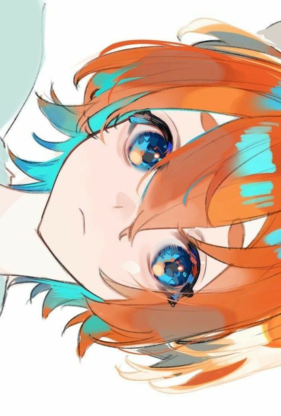 this is an animestyle illustration of a young boy, likely in his teens, looking directly at the viewer. he has striking blue eyes and vibrant orange hair, with streaks of teal blue mixed in. the style is soft and slightly painterly, with a focus on capturing emotion and expression. the closeup perspective emphasizes his youthful features and large, expressive eyes.