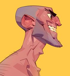 a stylized illustration of a man's head and shoulders against a yellow background. he has a strong, chiseled jawline, shadowed sideburns, and a confident smirk on his face, revealing sharp teeth. the style is reminiscent of comic book art, employing bold lines and exaggerated features.
