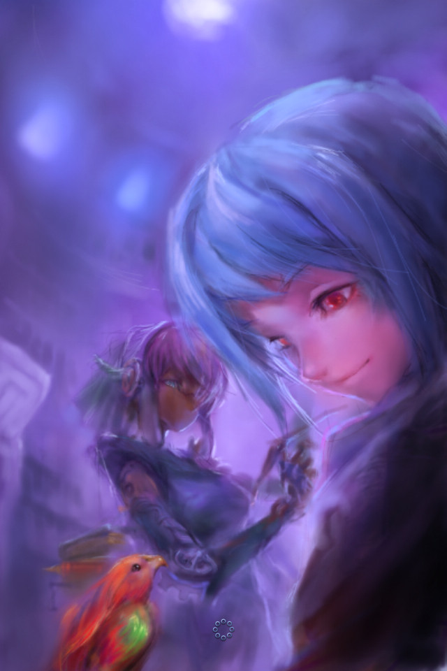 two anime girls, one with blue hair and red eyes, the other with pink hair, are in a magical, fantasy setting with a purple background. there is a bird in the foreground with colorful feathers. the girl with blue hair is smiling and looking at the viewer. the girl with pink hair is looking down at the bird.