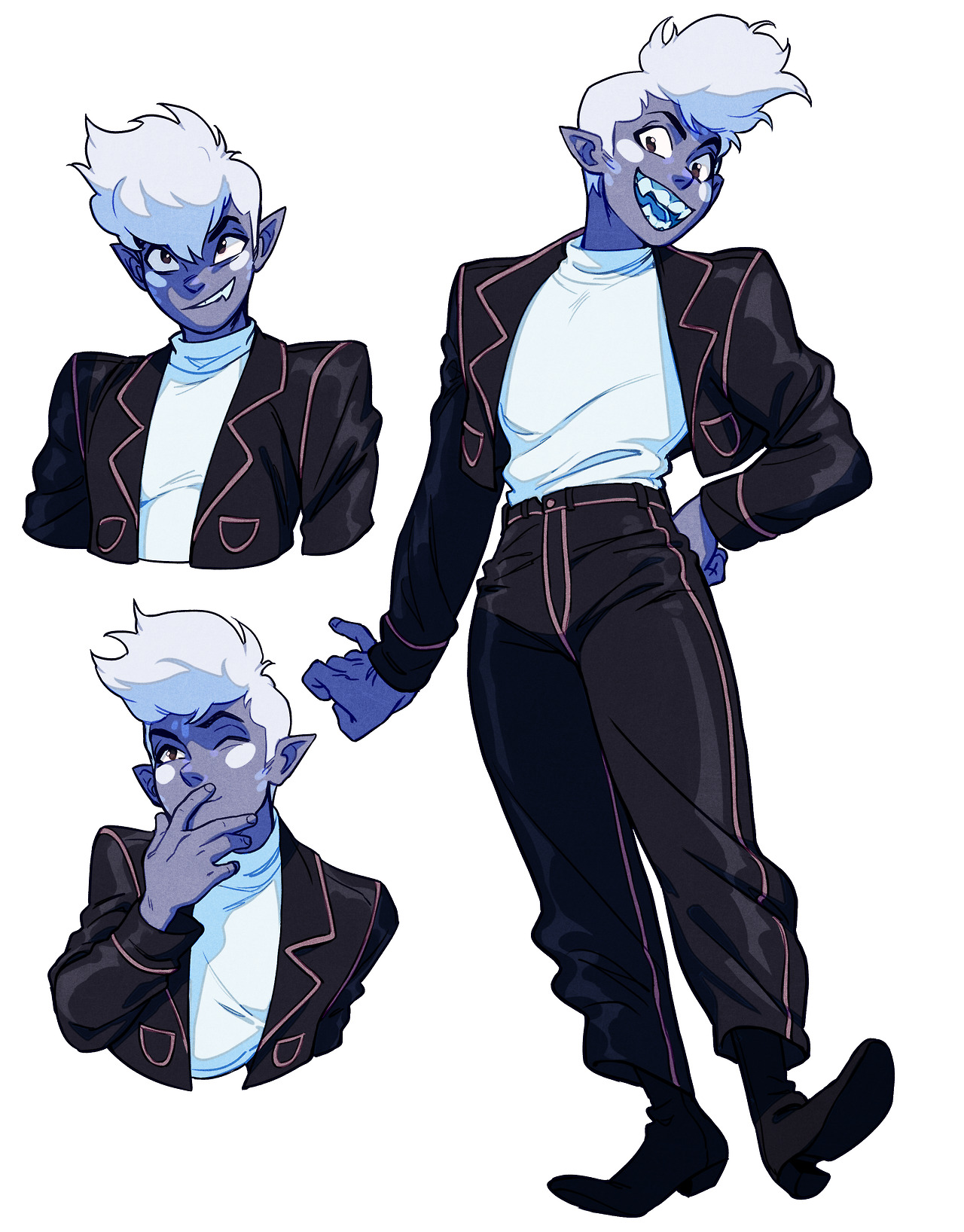 a digital character design showcasing a stylish elf with cool blue skin dressed in a trendy black outfit with pink accents.  he is posed in three different views, displaying a range of confident and playful expressions.