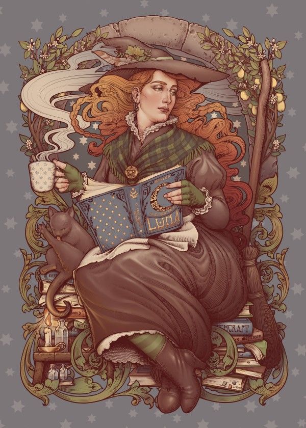 a digital illustration portrays a serene scene of a witch sitting on a stack of books while reading a book of spells titled "luna". she wears a large witch's hat, a brown dress, and boots, with a green plaid scarf secured by a pentacle brooch. in one hand, she holds a patterned teacup, steam rising from it. a grey cat is sitting beside her on the stack of books. the background is ornamented with swirling foliage bearing blossoms and lemons. a broom leans against the stack of books, adding to the witchy aesthetic. below, there is a small table holding potion bottles and lit candles, enhancing the mystical atmosphere. the entire image has a soft, warm color palette, set against a grey background with small stars scattered throughout.