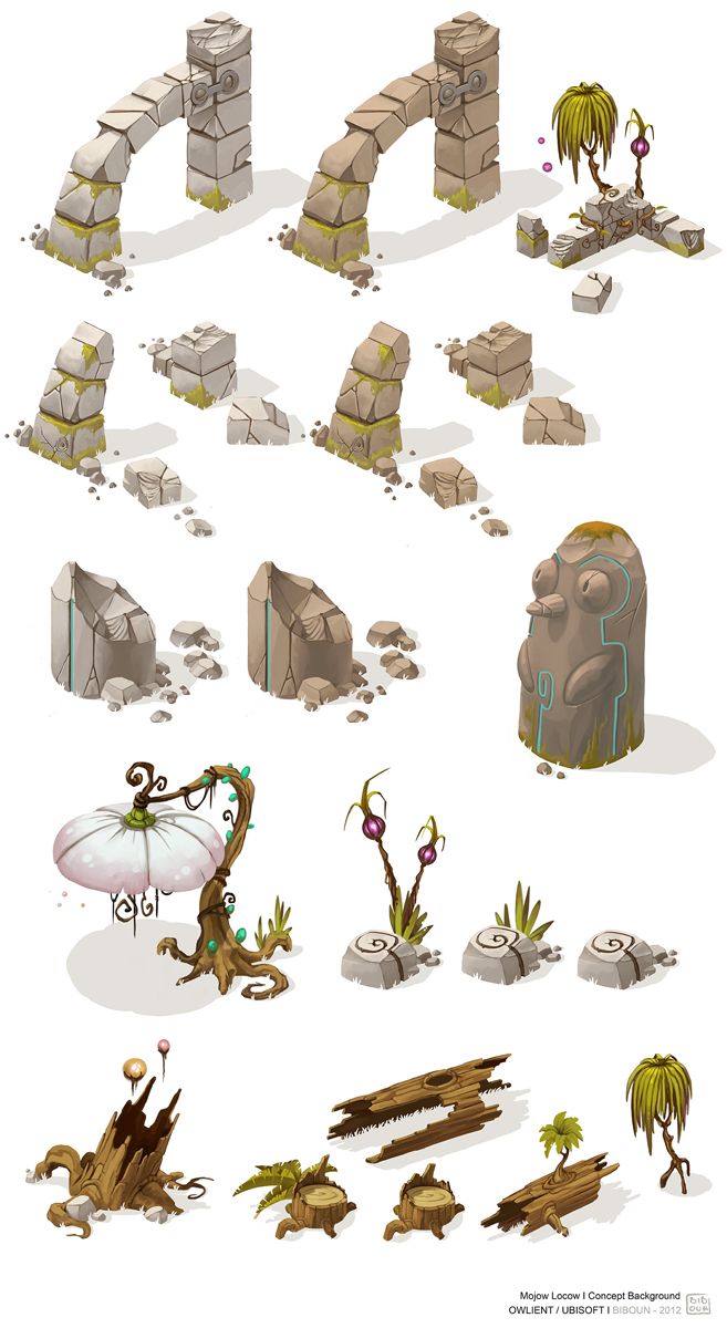 the image is a concept art sheet showcasing various stylized assets for a fantasy game environment. it includes stone archways (intact and broken), individual stones, a mosscovered totem, fantasy plants (one resembling a mushroom light), logs, and stumps. the art style is cartoonish and detailed, with a focus on texture and color.