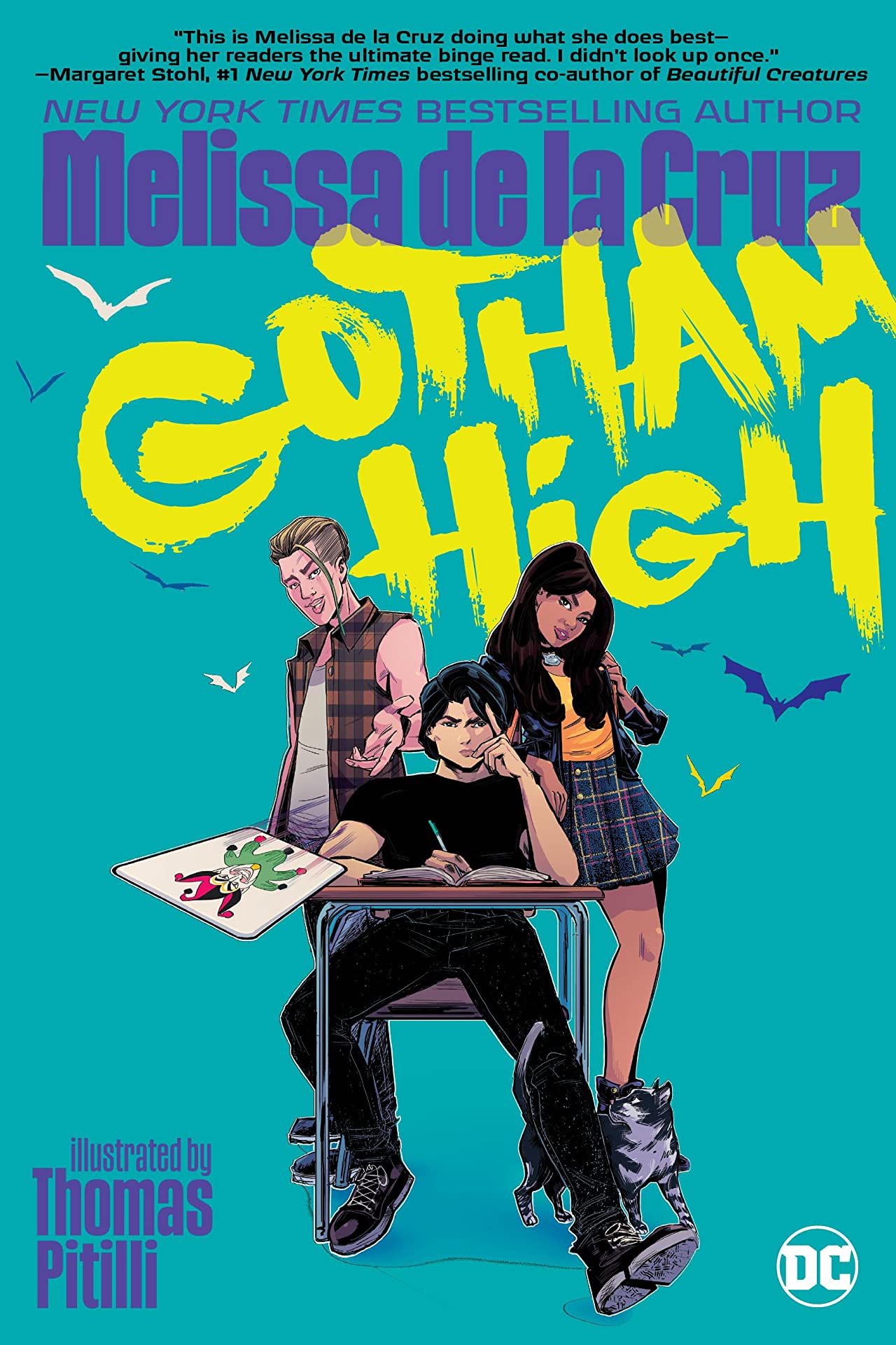 this is the cover of the graphic novel, gotham high by melissa de la cruz. the book is illustrated by thomas pitilli and published by dc comics. the cover features three teenagers,  two girls and a boy. the boy is seated at a desk, seemingly in a classroom setting. the girl on the left appears to be the protagonist, staring straight ahead. the girl on the right is standing, looking out of frame. the title, "gotham high" is written in a bold, yellow font on a blue background. the book is a ya fantasy graphic novel set in the universe of dc comics.