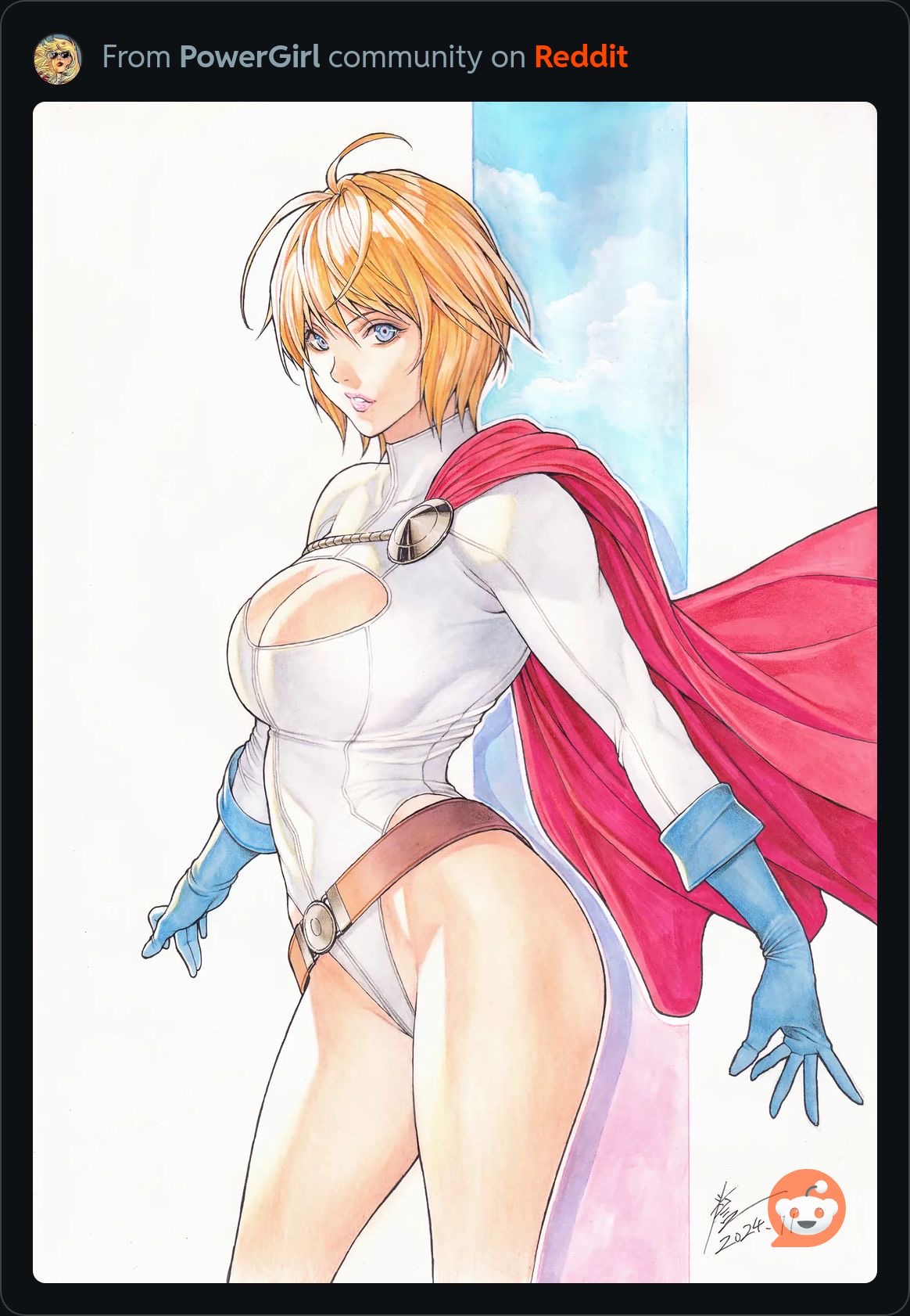 this is a piece of fanart depicting power girl, a dc comics superheroine.  the art style is reminiscent of manga or anime, with a focus on a stylized and attractive portrayal of the character. power girl is shown in her classic white costume with a red cape, gloves, and a confident pose. the background is a soft watercolorlike wash of blues and pinks.  the image is clearly fanmade, and credited as originating from a reddit community dedicated to power girl.