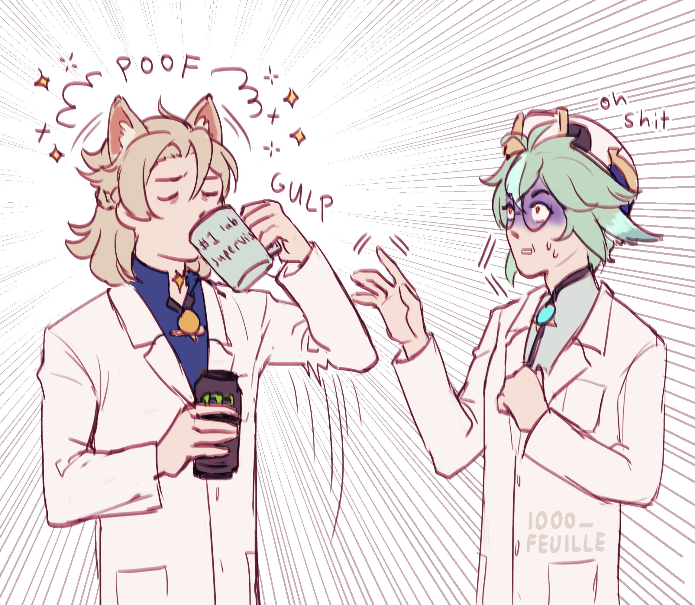 this is a cartoon illustration of two anime characters, one male and one female. they are both dressed as doctors and are in a white lab coat. the male character is drinking coffee from a mug that says #1 lab superviser and the female is worried about the male character with an expression of shock and concern. the caption states "poof" and "gulp" with the male character and "oh shit" with the female character. the illustration seems to suggest that the male character has done something that he did not mean to do that has scared the female character. the scene could be interpreted as a humorous scene of two friends with one of them being surprised by the other.