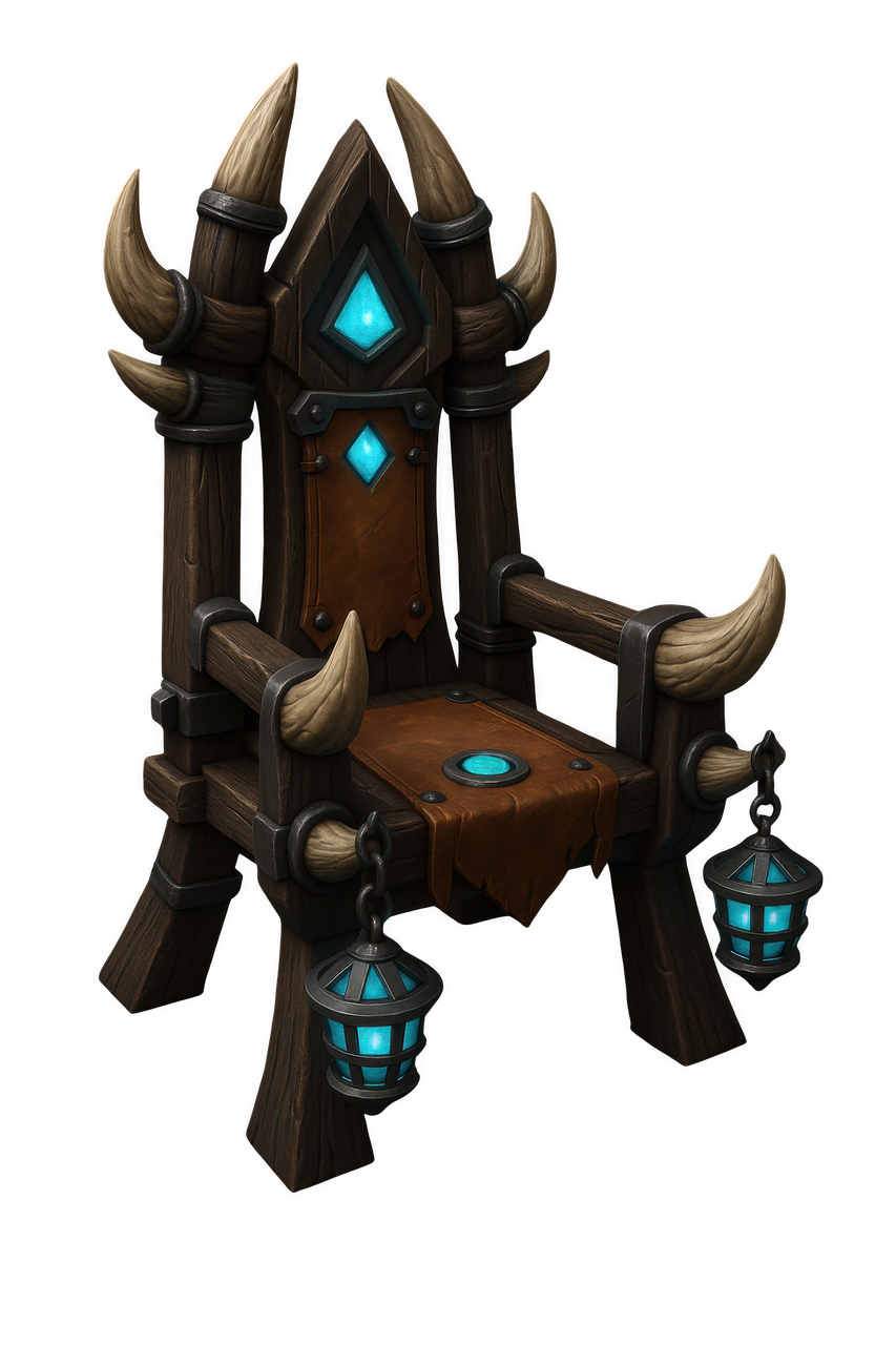 a stylized, fantasy throne made of wood and adorned with horns, glowing blue gems, and hanging lanterns. the throne has a dark, medieval aesthetic.